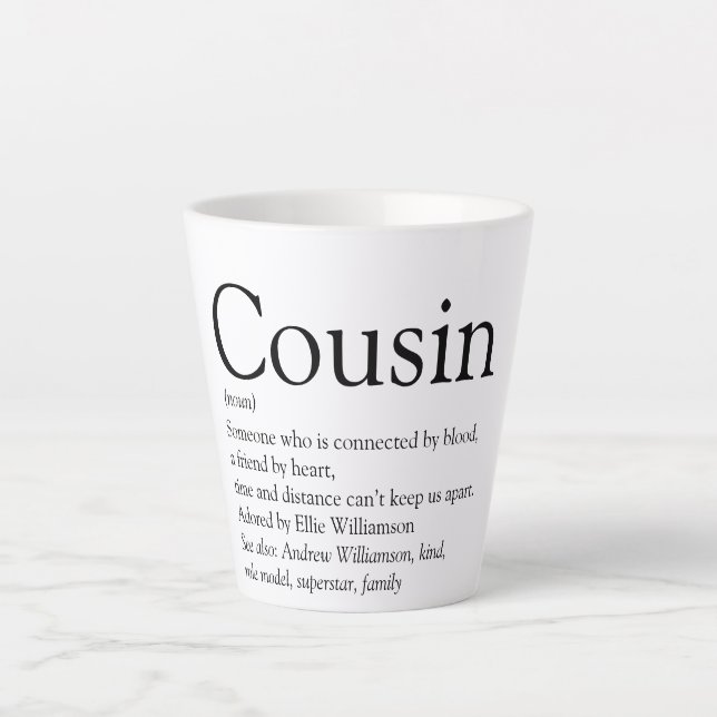 Black and White Typographic Cousin Definition  Latte Mug (Front)