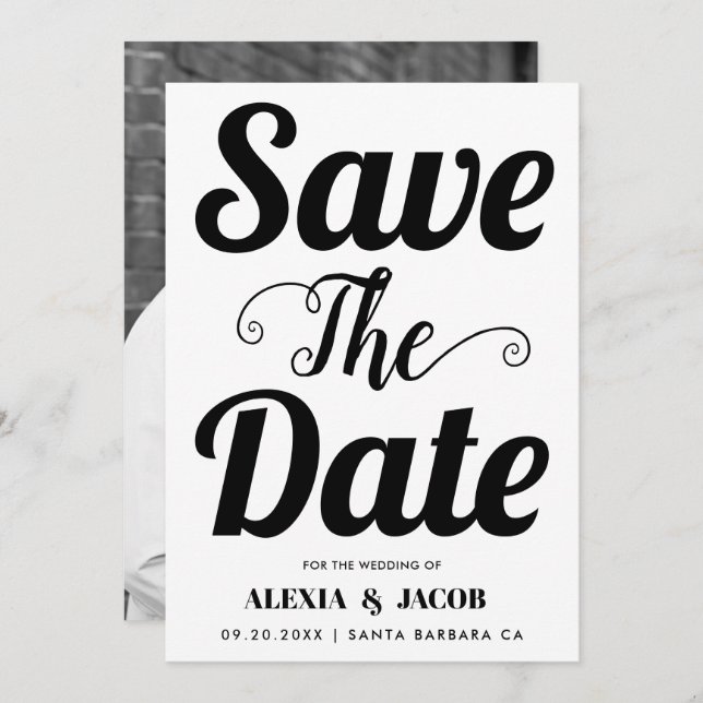 Black and white typography and photo on the back save the date (Front/Back)