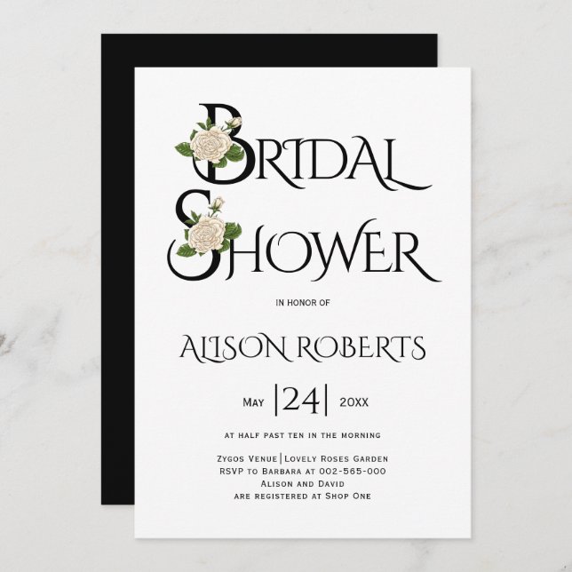 Black and white typography and rose bridal shower invitation (Front/Back)