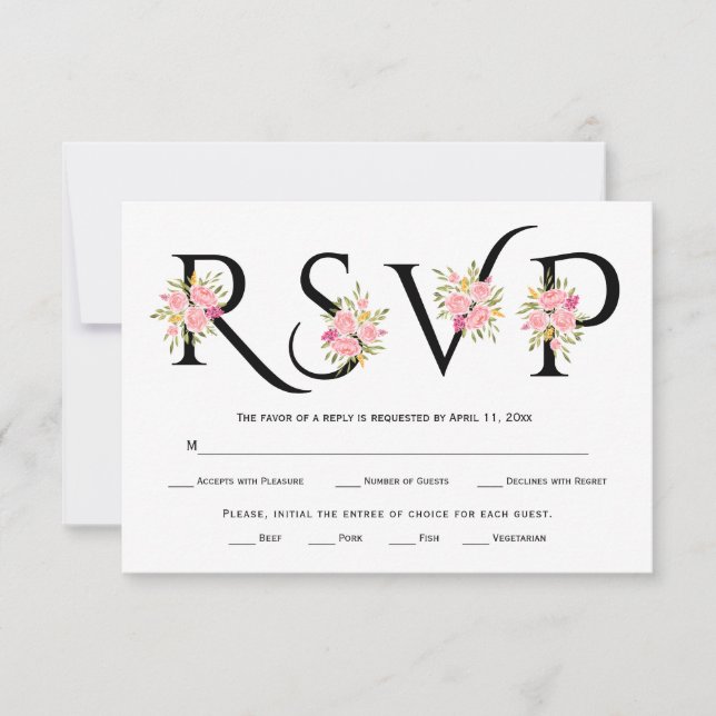 Black and white typography,  pink roses RSVP card (Front)
