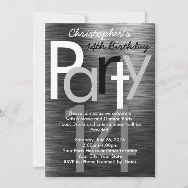 Black and White Typography Teen Boy Birthday Party Invitation (Front)