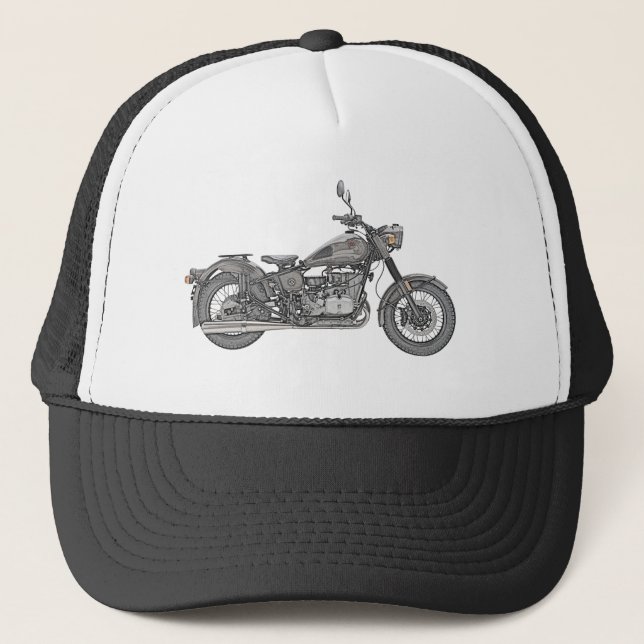 Black and White Ural Motorcycle Russian Motorbike Trucker Hat (Front)
