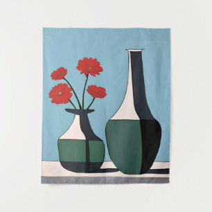 Black and White Vases with Red Flowers  Tapestry