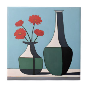 Black and White Vases with Red Flowers  Tile