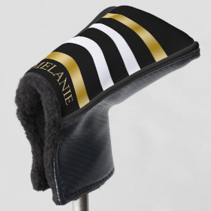 Black and white vertical stripes gold accents golf head cover