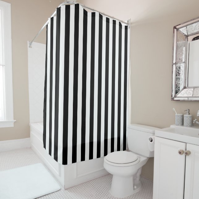 Black and White Vertical Stripes Shower Curtain (In Situ)