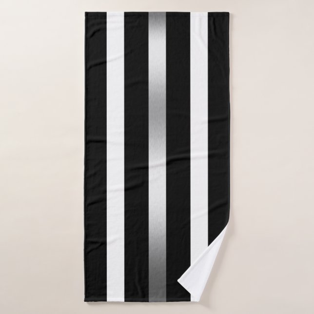 Black and white vertical stripes silver accents bath towel set (Bath Towel)