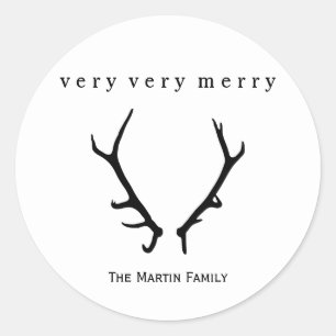 Black and White Very Very Merry with Antlers Classic Round Sticker