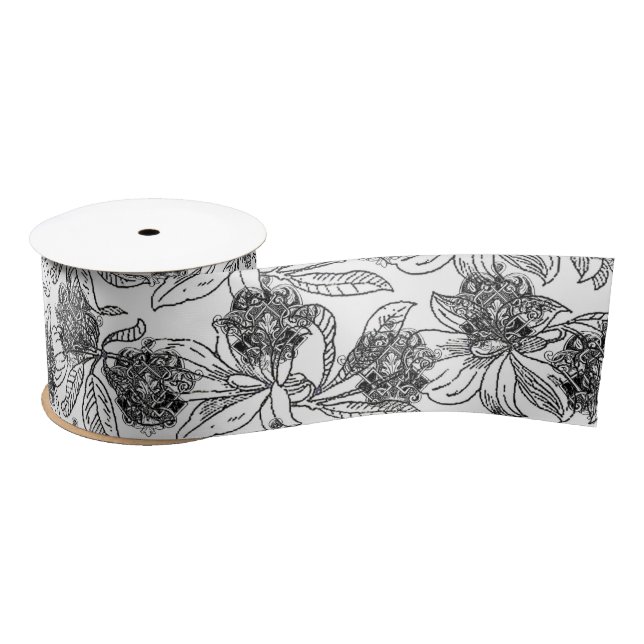 Black and White Victorian Ornamental Design Satin Ribbon (Spool)