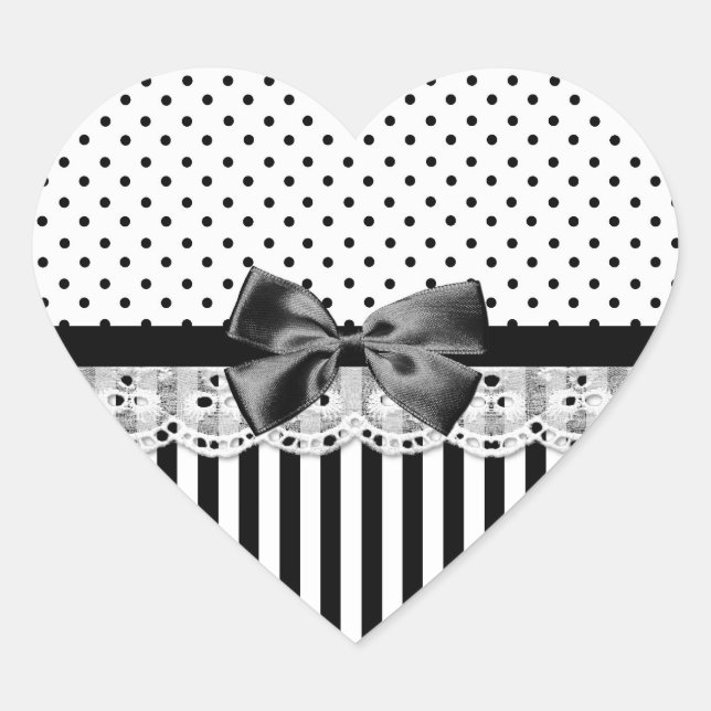 Black And White Victorian Stripes With Bow Lace Heart Sticker (Front)