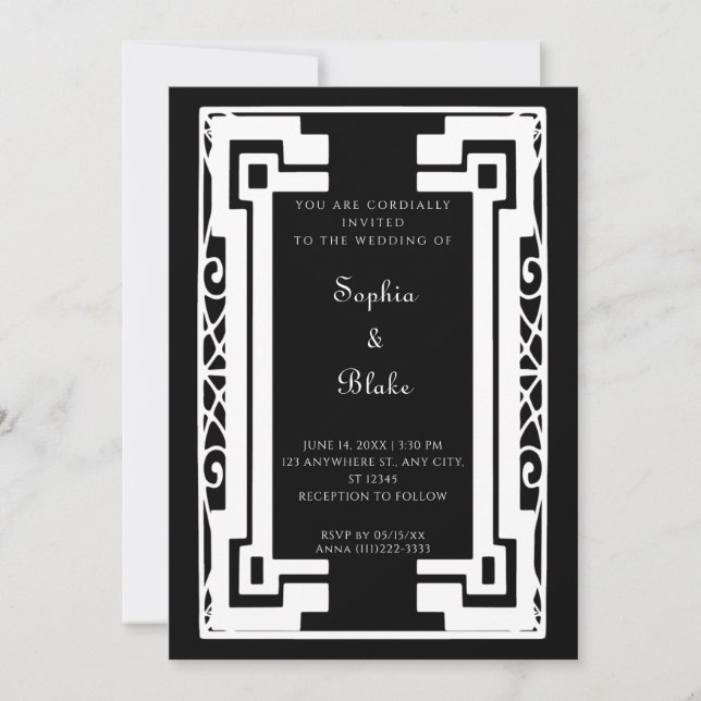 Black and White Vintage Art Deco Wedding Invitation (Front)