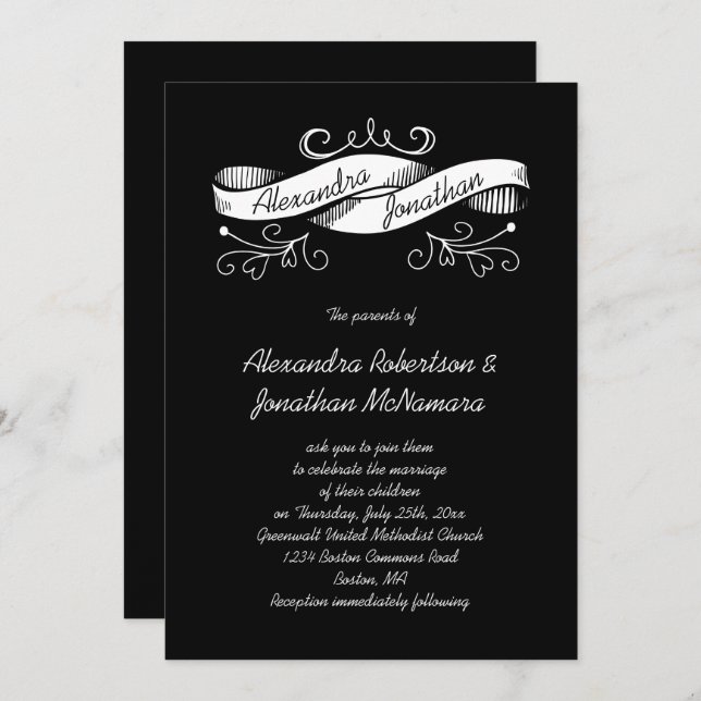 Black and White Vintage Banner Wedding | Invitation (Front/Back)