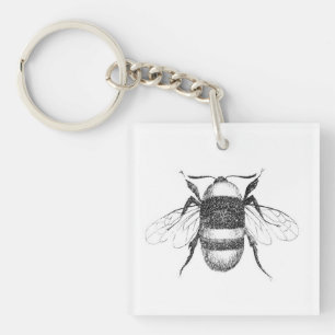 Black and white vintage bee drawing keychain