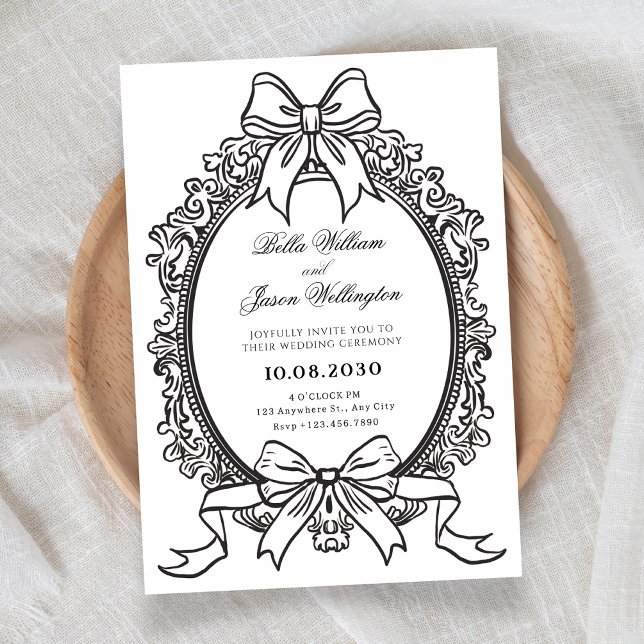Black and white vintage bow wedding  invitation (Creator Uploaded)