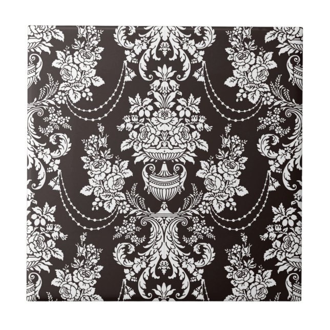 Black and white vintage  damask pattern customise tile (Front)