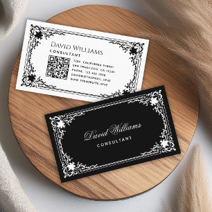Black and White Vintage Elegant QR Code and Script Business Card