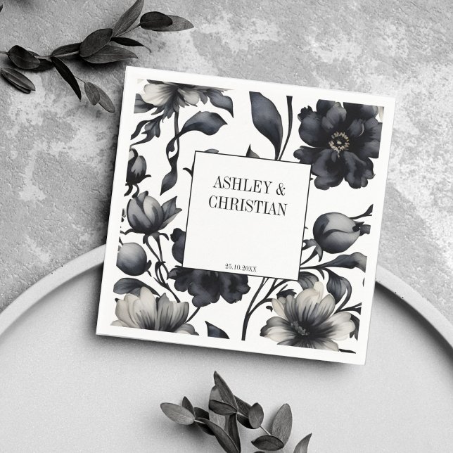 Black and white vintage elegant wedding template napkin (Black and white vintage flowers elegant wedding template napkins noir wedding tableware personalized)