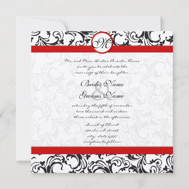 Black and White Vintage Floral Damask Wedding Invitation (Front)