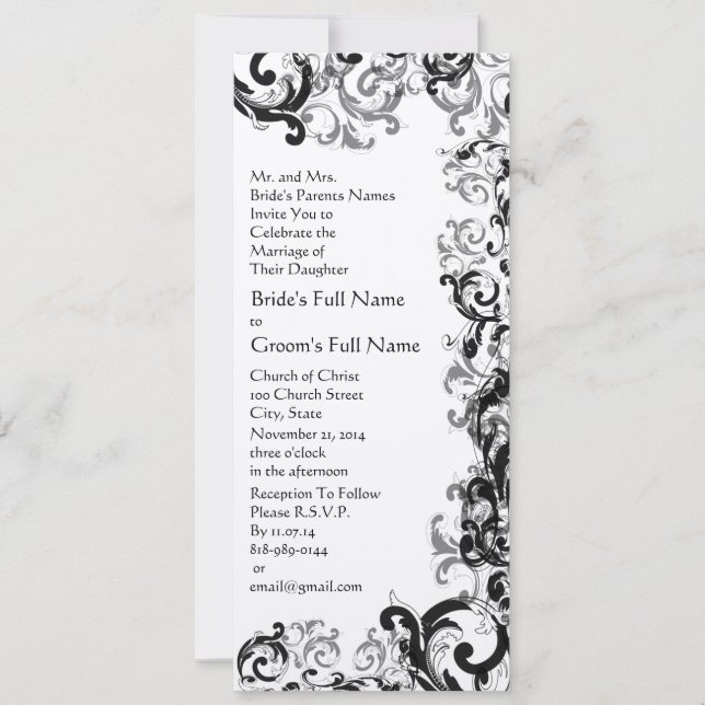Black and White Vintage Floral Damask Wedding Invitation (Front)