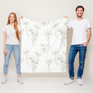Black and White Vintage Floral Face Line Pattern 1 Fleece Blanket