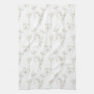Black and White Vintage Floral Face Line Pattern 1 Tea Towel