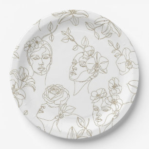 Black and White Vintage Floral Face Line Pattern 2 Paper Plate