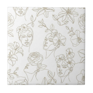 Black and White Vintage Floral Face Line Pattern 2 Tile