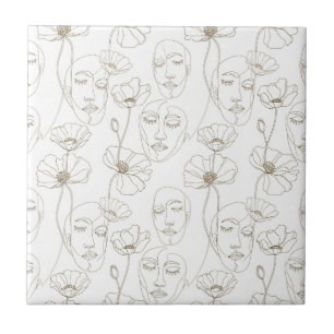 Black and White Vintage Floral Face Line Pattern 3 Tile