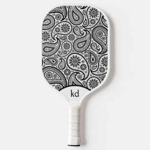 Black And White Vintage Paisley Monogram Pickleball Paddle