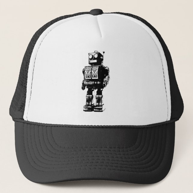 Black and White Vintage Robot Trucker Hat (Front)
