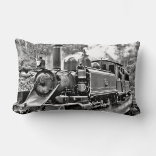 Black and White Vintage Steam Train Engine Lumbar Cushion