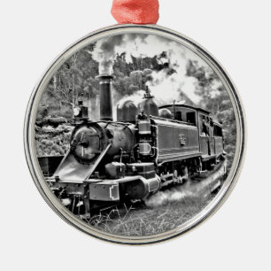 Black and White Vintage Steam Train Engine Metal Tree Decoration