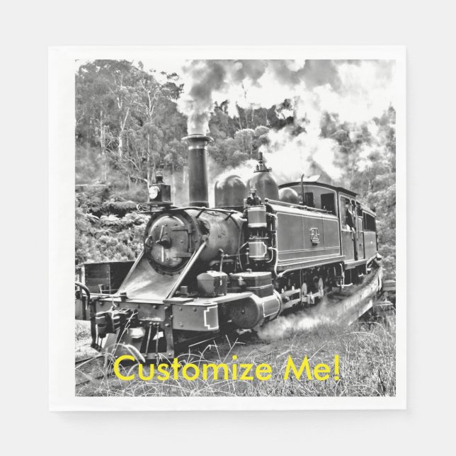 Black and White Vintage Steam Train Engine Napkin (Front)