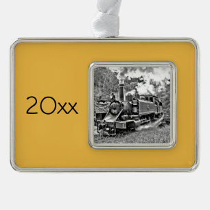 Black and White Vintage Steam Train Engine Silver Plated Framed Ornament