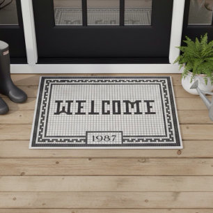 Black and White Vintage Tile Border Custom Doormat