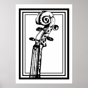 Black and White Violin Scroll with Black Outlines Poster