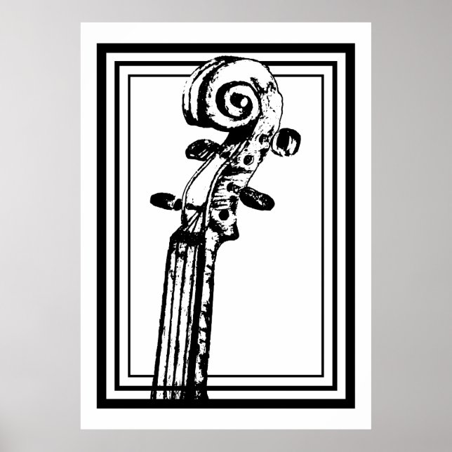 Black and White Violin Scroll with Black Outlines Poster (Front)