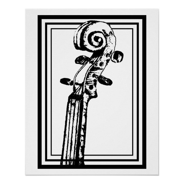Black and White Violin Scroll with Black Outlines  Poster (Front)