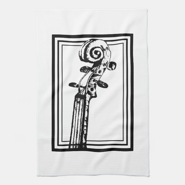 Black and White Violin Scroll with Black Outlines Tea Towel (Vertical)