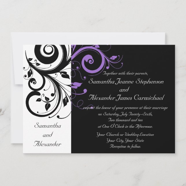 Black and White w/Purple Swirl Wedding Invitations (Front)