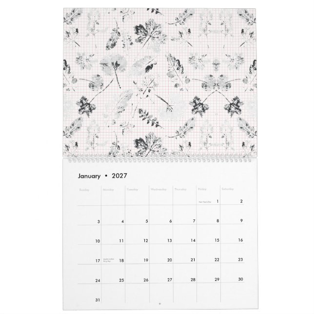 Black and white wallpaper with a beautiful leaf de calendar (Jan 2027)