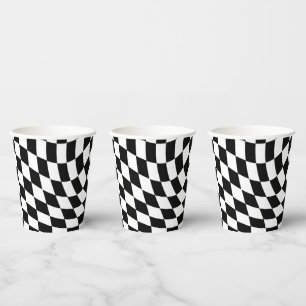 Black and White Warped Checkered Pattern Paper Cups