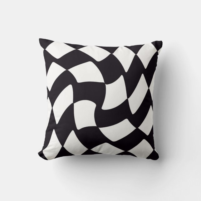 Black and White Warped Chequerboard Cushion (Front)
