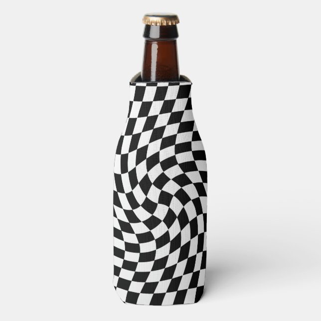 Black and White Warped Chequered Pattern Bottle Cooler (Bottle Front)