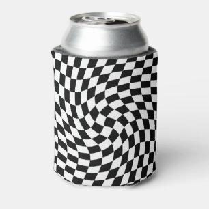 Black and White Warped Chequered Pattern Can Cooler