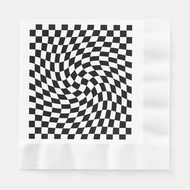Black and White Warped Chequered Pattern Napkin (Front)