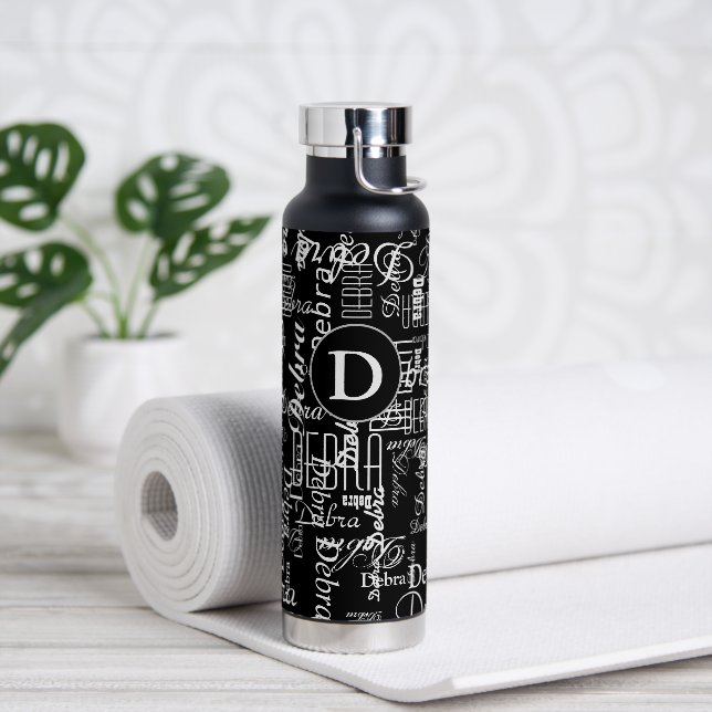 Black and White Water Bottle Name / Monogram (Yoga)