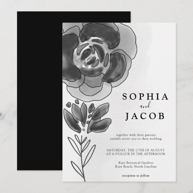 Black and White Watercolor Floral Wedding Invitation (Front/Back)