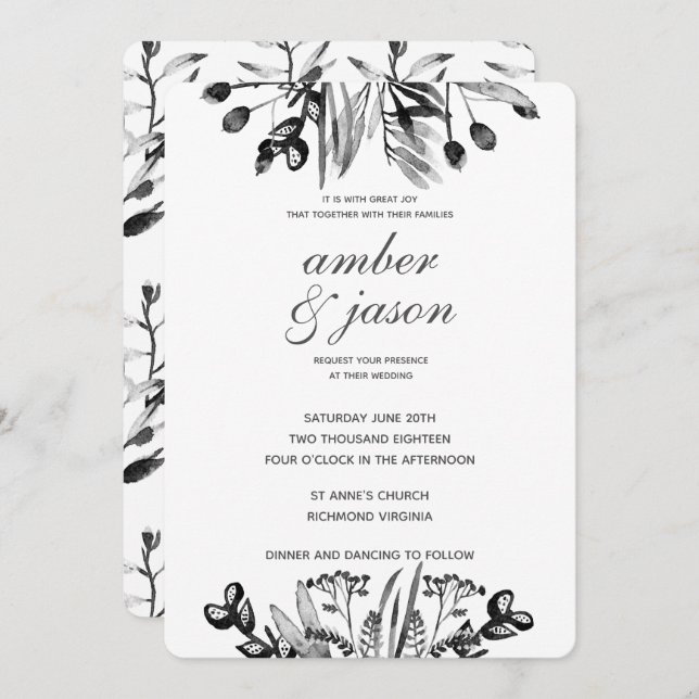 Black and White Watercolor Floral Wedding Invitation (Front/Back)