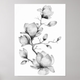 Black and white watercolor flowers wall art poster